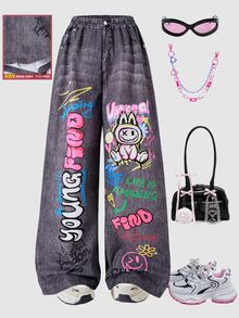 SHEIN ChillGRL 青少年女孩可愛Y2K卡通兔子印花寬腿褲 學校灰色 秋冬節日款 - 深灰色 - 查看 8