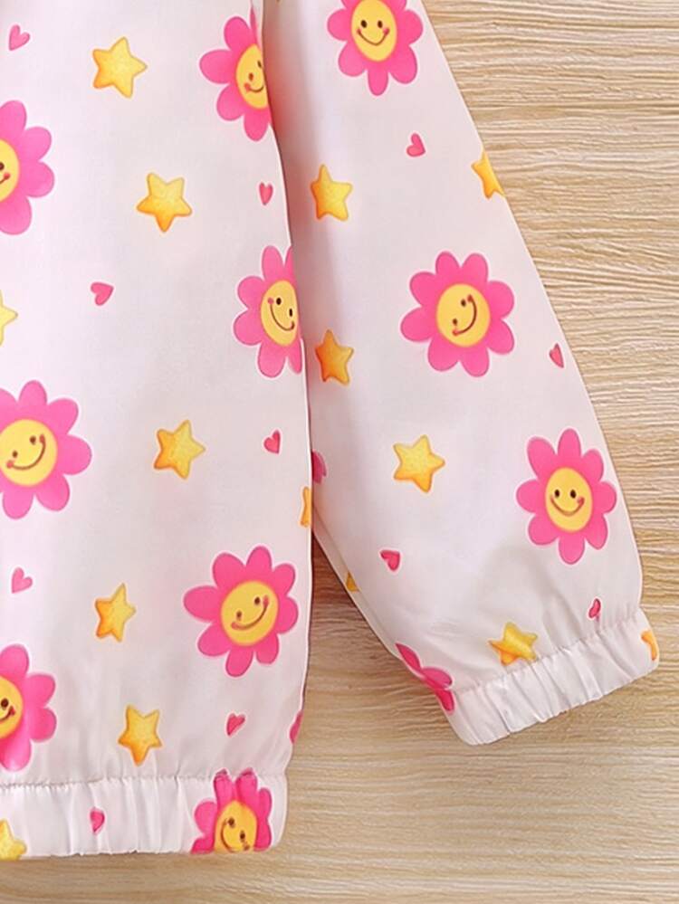 SHEIN Young Girl Cartoon Pattern Long Sleeve Zipper Front Casual Hooded Jacket - Pink - View 7