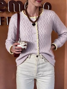 Flora Isola Flora Isola Retro Elegant Party Contrasting Rolled Edge Button Women's Cardigan, Women's Autumn Office Outfit - Pink - View 8