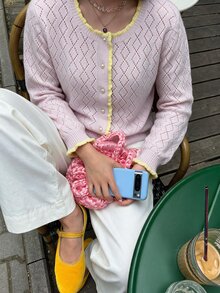 Flora Isola Flora Isola Retro Elegant Party Contrasting Rolled Edge Button Women's Cardigan, Women's Autumn Office Outfit - Pink - View 4