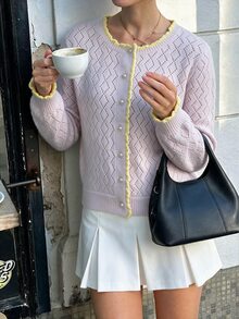 Flora Isola Flora Isola Retro Elegant Party Contrasting Rolled Edge Button Women's Cardigan, Women's Autumn Office Outfit - Pink - View 5