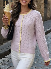 Flora Isola Flora Isola Retro Elegant Party Contrasting Rolled Edge Button Women's Cardigan, Women's Autumn Office Outfit - Pink - View 6