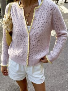 Flora Isola Flora Isola Retro Elegant Party Contrasting Rolled Edge Button Women's Cardigan, Women's Autumn Office Outfit - Pink - View 7