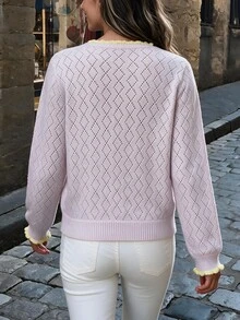 Flora Isola Flora Isola Retro Elegant Party Contrasting Rolled Edge Button Women's Cardigan, Women's Autumn Office Outfit - Pink - View 3