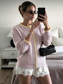 Flora Isola Flora Isola Retro Elegant Party Contrasting Rolled Edge Button Women's Cardigan, Women's Autumn Office Outfit - Pink - View 1