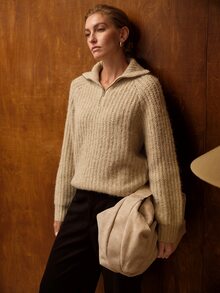MOTF PREMIUM WOMEN'S HALF-ZIP COLLAR SLOUCHY KNIT SWEATER - Khaki - View 6
