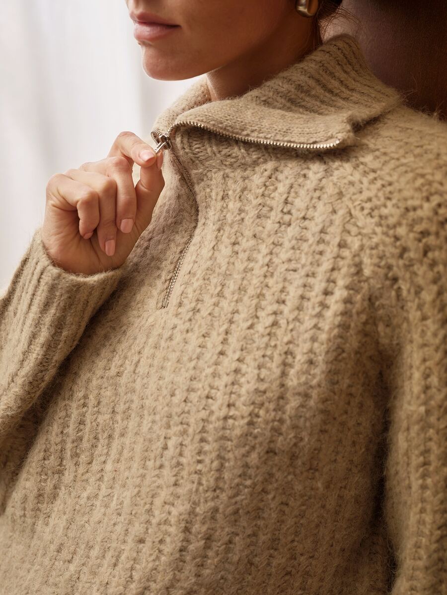 MOTF PREMIUM WOMEN'S HALF-ZIP COLLAR SLOUCHY KNIT SWEATER - Khaki - View 2