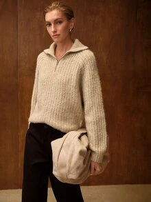 MOTF PREMIUM WOMEN'S HALF-ZIP COLLAR SLOUCHY KNIT SWEATER - Khaki - View 5