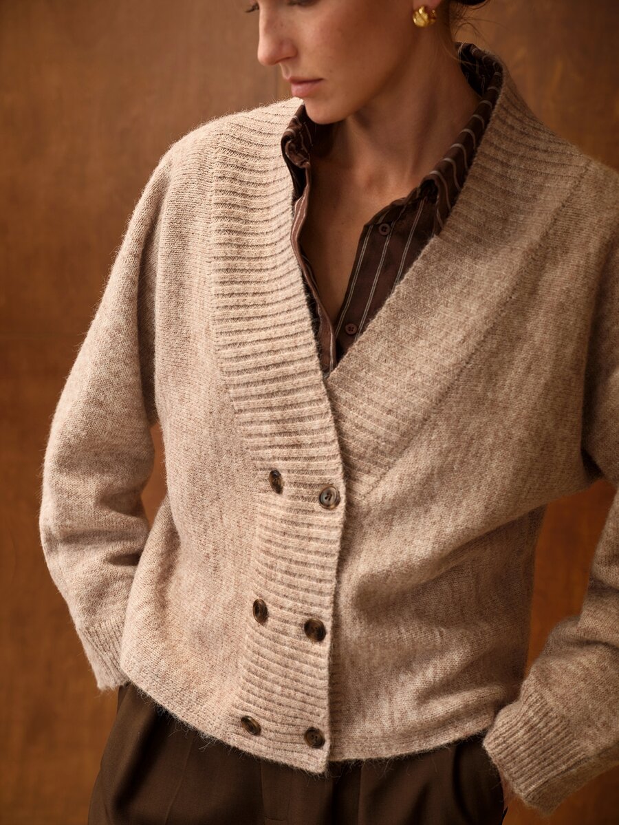 MOTF PREMIUM WOMEN'S V-NECK DOUBLE BREASTED PLACKET SLOUCHY KNITTED CARDIGAN - Light Grey - View 2