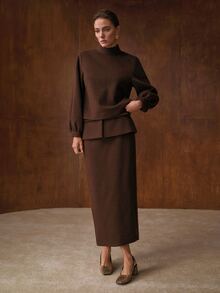MOTF PREMIUM WOMEN'S AUTUMN/WINTER WOOL LANTERN SLEEVE TOP AND SKIRT 2-PIECE SET - Coffee Brown - View 5