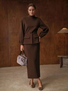 MOTF PREMIUM WOMEN'S AUTUMN/WINTER WOOL LANTERN SLEEVE TOP AND SKIRT 2-PIECE SET - Coffee Brown - View 4