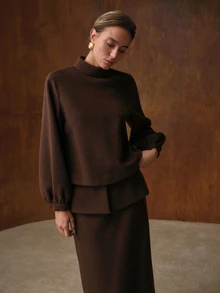 MOTF PREMIUM WOMEN'S AUTUMN/WINTER WOOL LANTERN SLEEVE TOP AND SKIRT 2-PIECE SET - Coffee Brown - View 6