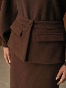 MOTF PREMIUM WOMEN'S AUTUMN/WINTER WOOL LANTERN SLEEVE TOP AND SKIRT 2-PIECE SET - Coffee Brown - View 2