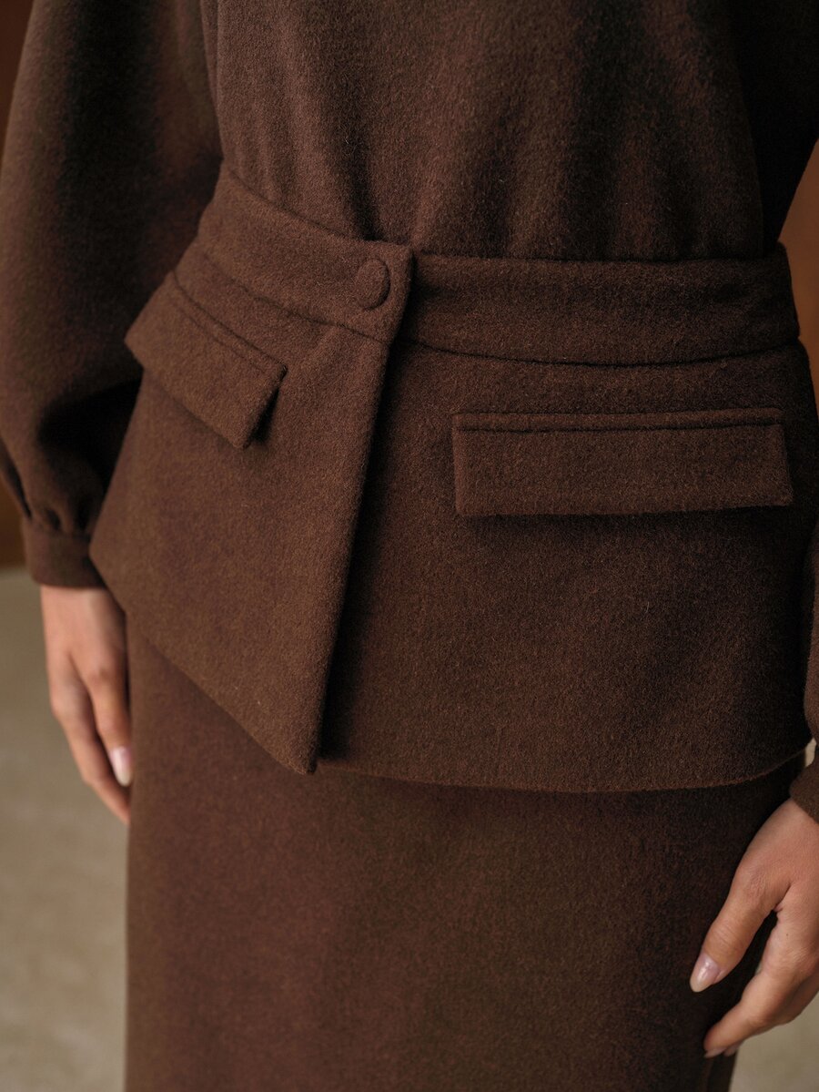 MOTF PREMIUM WOMEN'S AUTUMN/WINTER WOOL LANTERN SLEEVE TOP AND SKIRT 2-PIECE SET - Coffee Brown - View 2