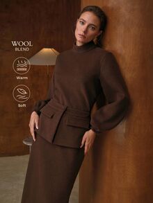 MOTF PREMIUM WOMEN'S AUTUMN/WINTER WOOL LANTERN SLEEVE TOP AND SKIRT 2-PIECE SET - Coffee Brown - View 1