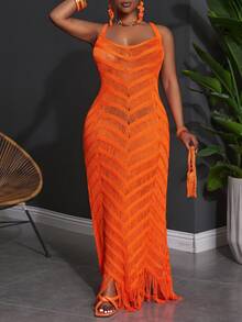 Slaydiva Plus Size Summer Sleeveless Hollow Sheer Maxi Fitted Dress For Vacation - Burnt Orange - View 5