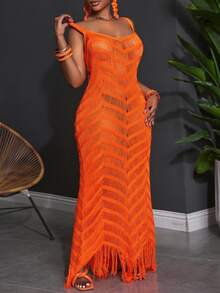 Slaydiva Plus Size Summer Sleeveless Hollow Sheer Maxi Fitted Dress For Vacation - Burnt Orange - View 7