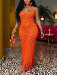 Slaydiva Plus Size Summer Sleeveless Hollow Sheer Maxi Fitted Dress For Vacation - Burnt Orange - View 2