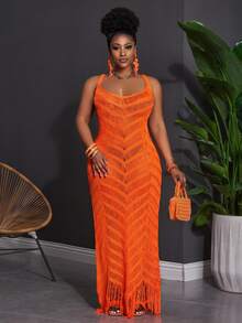 Slaydiva Plus Size Summer Sleeveless Hollow Sheer Maxi Fitted Dress For Vacation - Burnt Orange - View 6