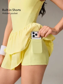 OutZeal Women Active Dress Solid Color Tennis Gym Workout Buttery Soft Bra-In Built-In Shorts A-Line Tiered Ruffle Hem Skirt - Light Yellow - View 5