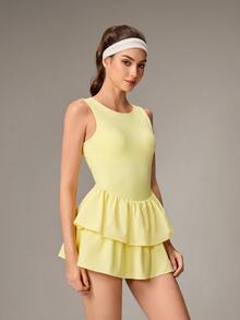 OutZeal Women Active Dress Solid Color Tennis Gym Workout Buttery Soft Bra-In Built-In Shorts A-Line Tiered Ruffle Hem Skirt - Light Yellow - View 8