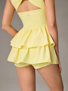 OutZeal Women Active Dress Solid Color Tennis Gym Workout Buttery Soft Bra-In Built-In Shorts A-Line Tiered Ruffle Hem Skirt - Light Yellow - View 9