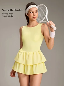 OutZeal Women Active Dress Solid Color Tennis Gym Workout Buttery Soft Bra-In Built-In Shorts A-Line Tiered Ruffle Hem Skirt - Light Yellow - View 4