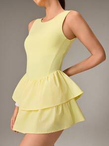 OutZeal Women Active Dress Solid Color Tennis Gym Workout Buttery Soft Bra-In Built-In Shorts A-Line Tiered Ruffle Hem Skirt - Light Yellow - View 10