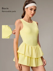 OutZeal Women Active Dress Solid Color Tennis Gym Workout Buttery Soft Bra-In Built-In Shorts A-Line Tiered Ruffle Hem Skirt - Light Yellow - View 3