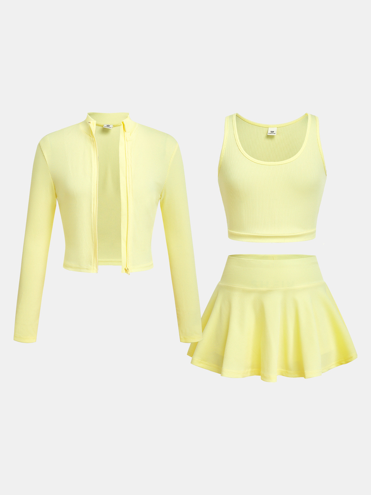 Kids Tween Girl Autumn/Winter Fashion Casual Solid Yellow Ribbed Long Sleeve Stand Collar Zip-Up T-Shirt Vest Mini Skort 3-Piece Set Back To School - Yellow - View 5