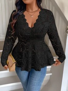 Rometta 1 pieza Blusa de manga larga con cuello en V, ruedo con volantes, de unicolor para mujer de talla grande - Negro - Ver 7