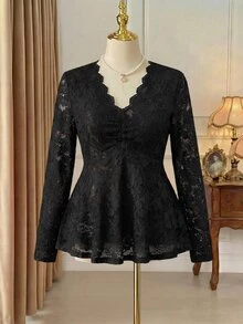 Rometta 1 pieza Blusa de manga larga con cuello en V, ruedo con volantes, de unicolor para mujer de talla grande - Negro - Ver 3