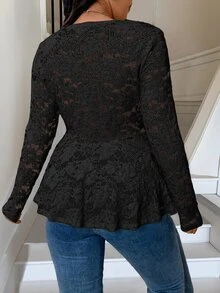 Rometta 1 pieza Blusa de manga larga con cuello en V, ruedo con volantes, de unicolor para mujer de talla grande - Negro - Ver 2