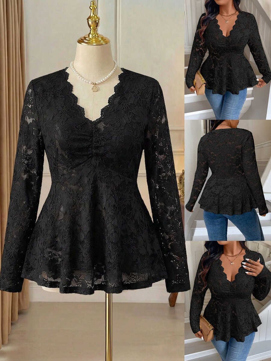 Rometta 1 pieza Blusa de manga larga con cuello en V, ruedo con volantes, de unicolor para mujer de talla grande - Negro - Ver 1