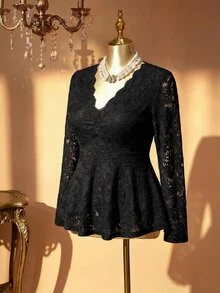 Rometta 1 pieza Blusa de manga larga con cuello en V, ruedo con volantes, de unicolor para mujer de talla grande - Negro - Ver 4
