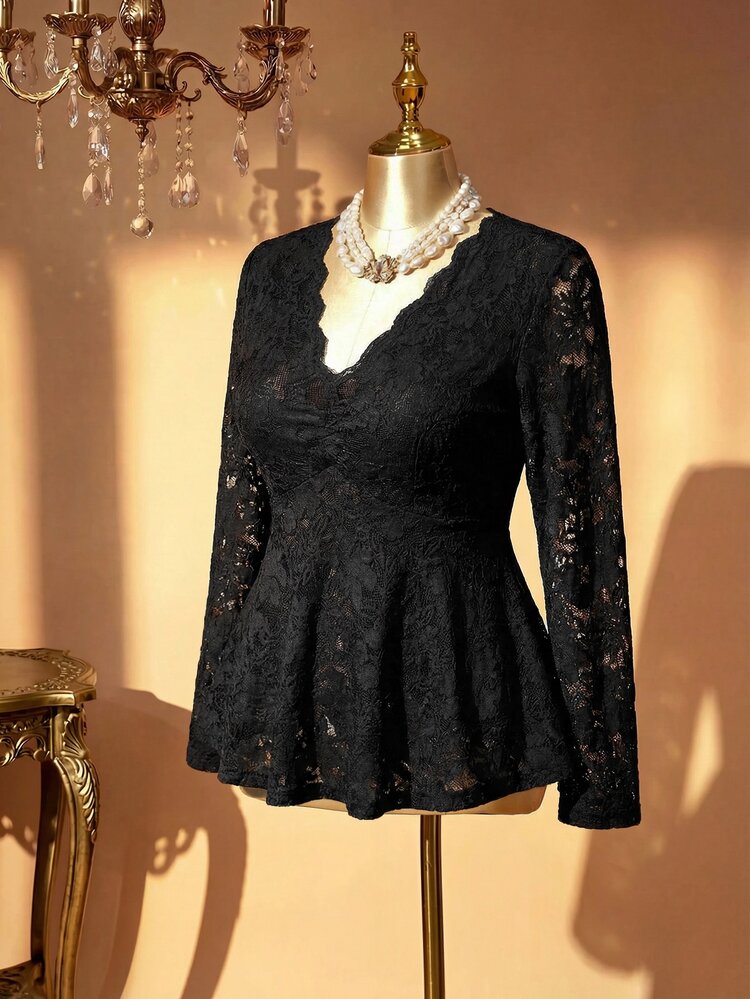 Rometta 1pc Women Plus Size Solid Color V-Neck Ruffle Hem Long Sleeve Blouse Fall Cloth For Women - Black - View 4