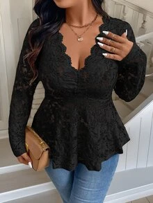 Rometta 1 pieza Blusa de manga larga con cuello en V, ruedo con volantes, de unicolor para mujer de talla grande - Negro - Ver 6