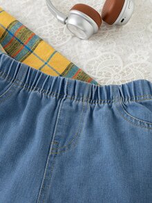 SHEIN 3件組女童大童春/秋返校穿搭黃藍配色拼色復古休閒磨毛格紋/針織/軟牛仔布料，彩色格紋領襯衫、細肩帶背心、寬腿褲三件套，適合返校、戶外出遊、購物、日常穿著、度假的多功能童裝 - 黃色 - 查看 4