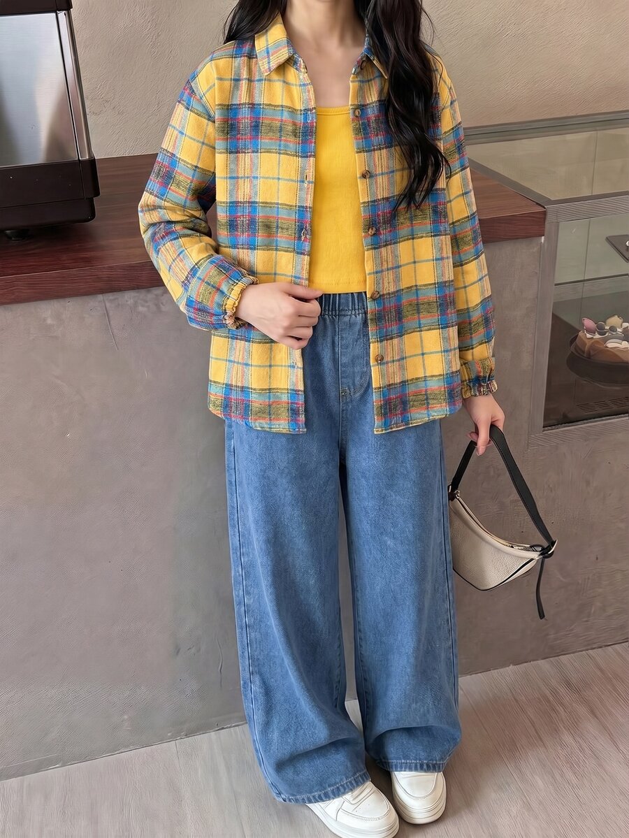 SHEIN 3件組女童大童春/秋返校穿搭黃藍配色拼色復古休閒磨毛格紋/針織/軟牛仔布料,彩色格紋領襯衫、細肩帶背心、寬腿褲三件套,適合返校、戶外出遊、購物、日常穿著、度假的多功能童裝 - 黃色 - 查看 1