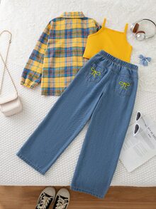 SHEIN 3件組女童大童春/秋返校穿搭黃藍配色拼色復古休閒磨毛格紋/針織/軟牛仔布料，彩色格紋領襯衫、細肩帶背心、寬腿褲三件套，適合返校、戶外出遊、購物、日常穿著、度假的多功能童裝 - 黃色 - 查看 2
