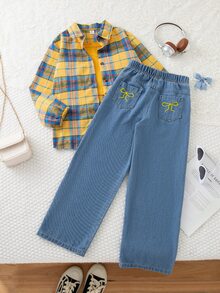 SHEIN 3件組女童大童春/秋返校穿搭黃藍配色拼色復古休閒磨毛格紋/針織/軟牛仔布料，彩色格紋領襯衫、細肩帶背心、寬腿褲三件套，適合返校、戶外出遊、購物、日常穿著、度假的多功能童裝 - 黃色 - 查看 3