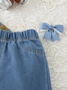 SHEIN 3件組女童大童春/秋返校穿搭黃藍配色拼色復古休閒磨毛格紋/針織/軟牛仔布料，彩色格紋領襯衫、細肩帶背心、寬腿褲三件套，適合返校、戶外出遊、購物、日常穿著、度假的多功能童裝 - 黃色 - 查看 5