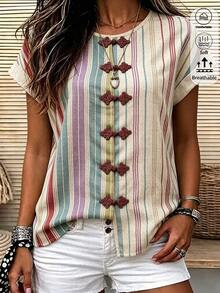 Breezaya Women's Colorful Striped Knot Frog Buttons Shirt, Round Neck Short Sleeve Loose Vintage Linen Top, Summer Casual Daily Wear - Apricot - View 7