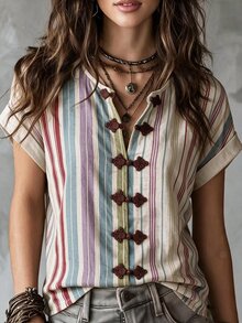 Breezaya Women's Colorful Striped Knot Frog Buttons Shirt, Round Neck Short Sleeve Loose Vintage Linen Top, Summer Casual Daily Wear - Apricot - View 3