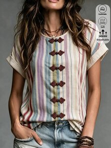 Breezaya Women's Colorful Striped Knot Frog Buttons Shirt, Round Neck Short Sleeve Loose Vintage Linen Top, Summer Casual Daily Wear - Apricot - View 5