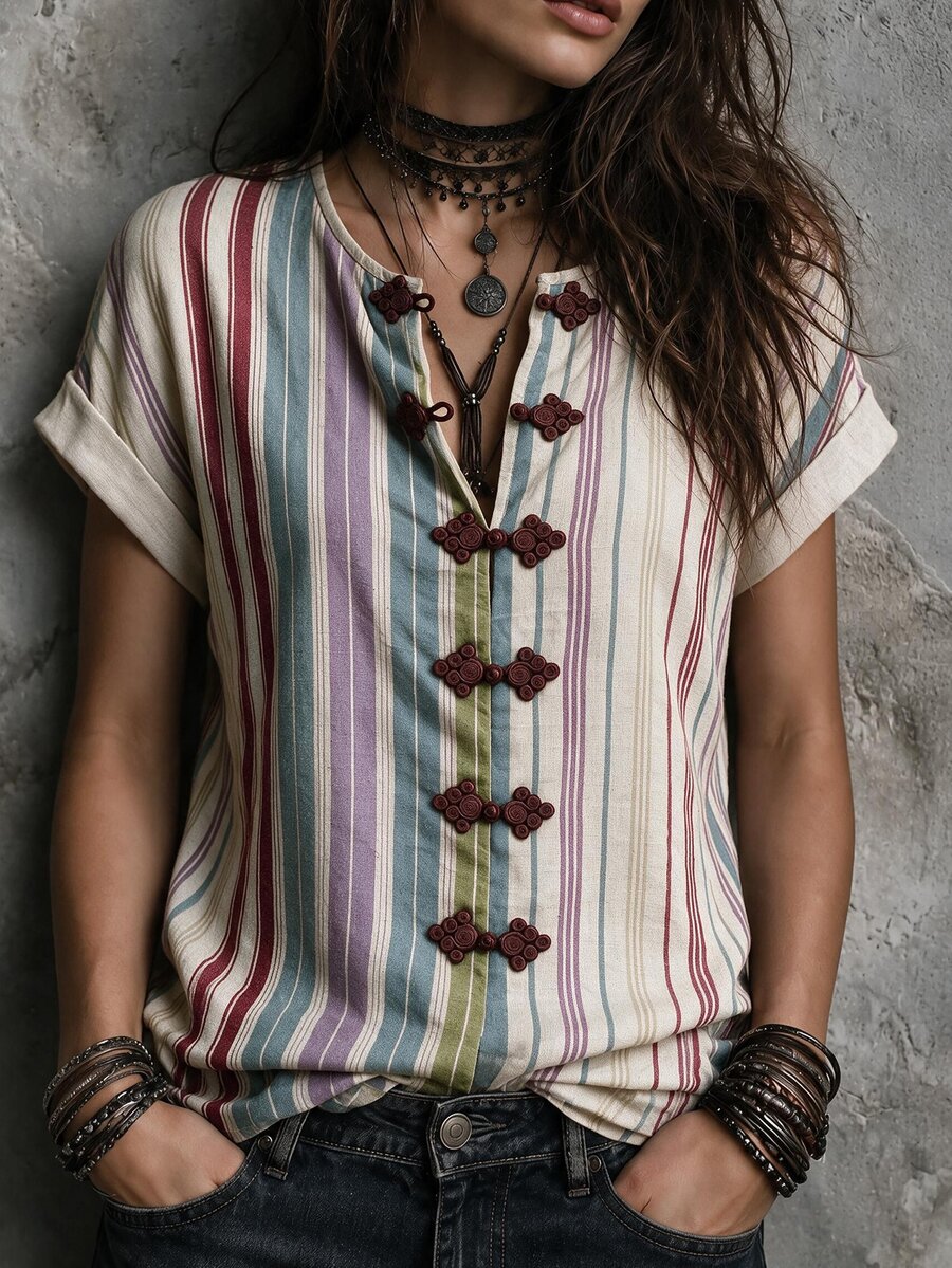 Breezaya Women's Colorful Striped Knot Frog Buttons Shirt, Round Neck Short Sleeve Loose Vintage Linen Top, Summer Casual Daily Wear - Apricot - View 1