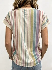Breezaya Women's Colorful Striped Knot Frog Buttons Shirt, Round Neck Short Sleeve Loose Vintage Linen Top, Summer Casual Daily Wear - Apricot - View 2