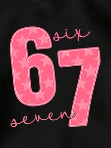 SHEIN Explorewe 青少年女孩舒適粉色秋季運動衫 街頭風 校園女學生返校時尚 數字67星星圖案字母標語印花 時髦度假風 - 黑色 - 查看 4