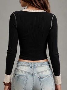 Trelyra Women's Autumn Casual Colorblock Patchwork Cropped Top - Black - View 2