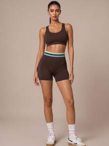 SHEIN BAE Women Dark Brown Seamless High Waist Shorts Gym Workout Training Running Yoga Athletic Activewear - Khaki - View 8